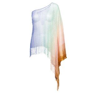 MISSONI One Shoulder Poncho Cover-up Ombre Fringe Crochet Knit